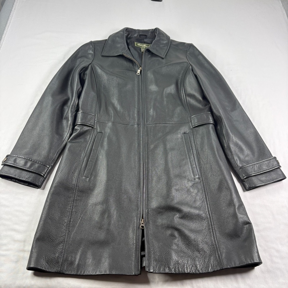 Eddie Bauer Leather Coat Womens Black Medium Petite Full Zip Trench Jacket